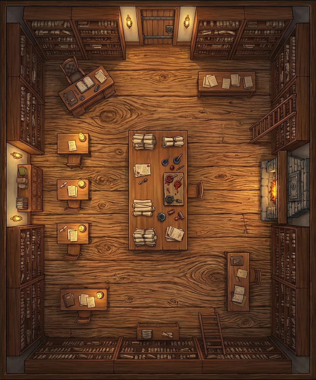 Top-down battlemap of a wood-paneled scribes chamber with writing desks, bookshelves, scrolls, and a built-in safe