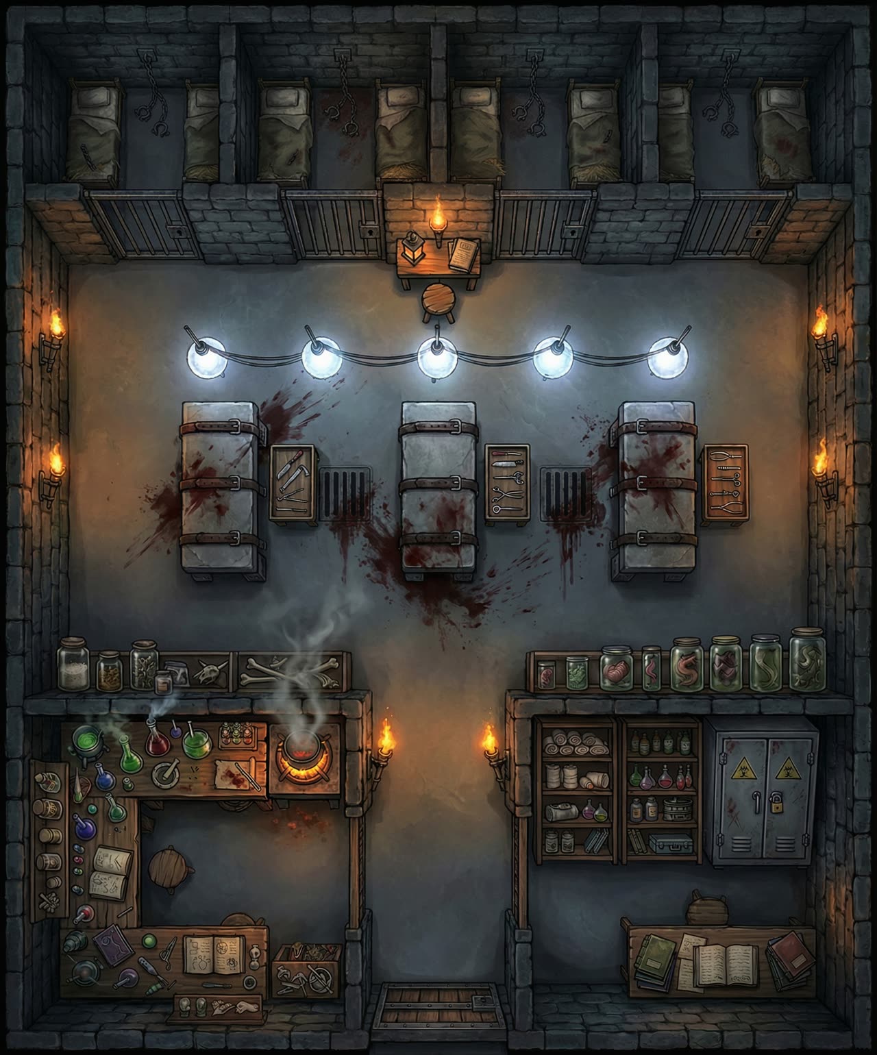 Top-down battlemap of a dim stone laboratory with three restraint tables, surgical instrument racks, and specimen jars