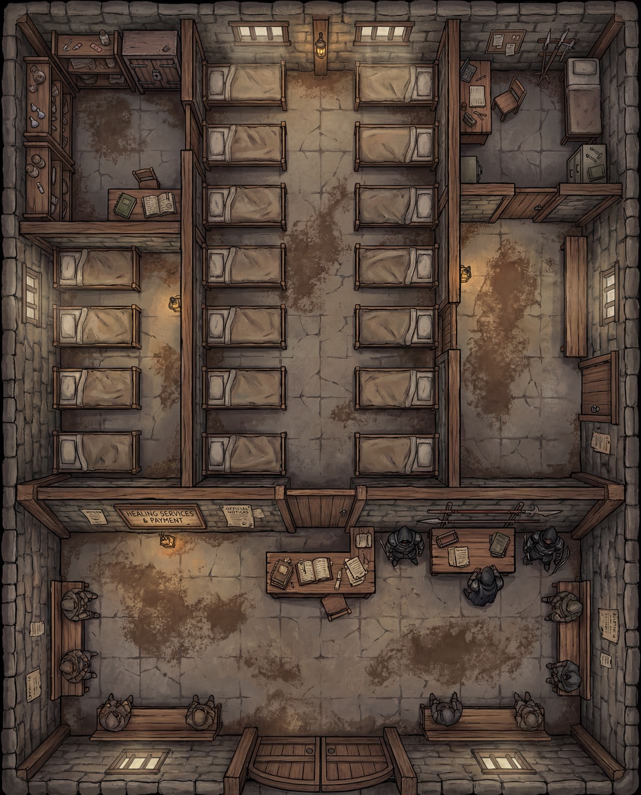 Top-down battlemap of a grim stone infirmary with rows of beds, bloodstains on the floor, and a payment desk by the door
