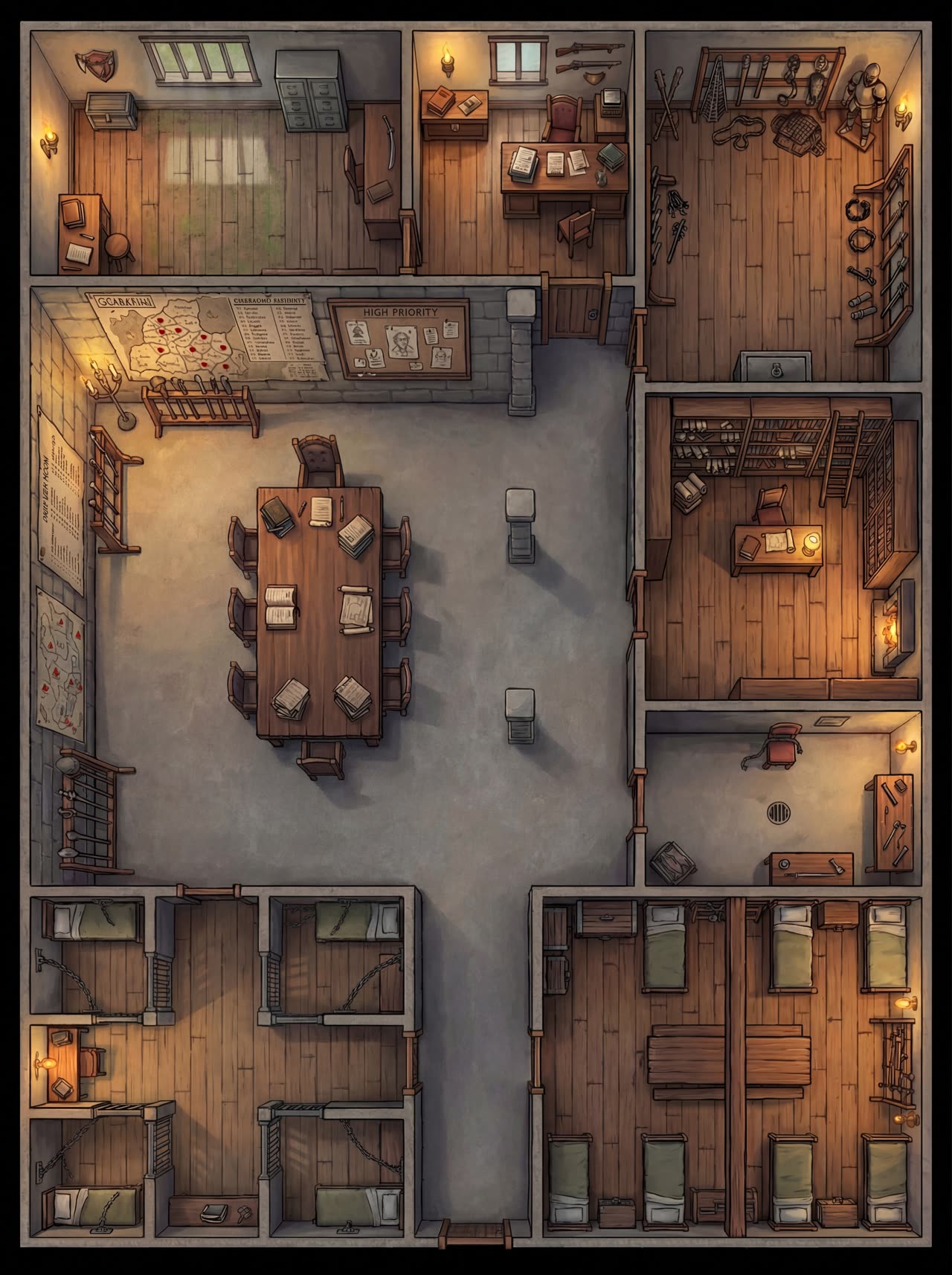 Top-down battlemap of a cluttered bounty office with wanted boards, a map table, an armory, and chained cell bunks
