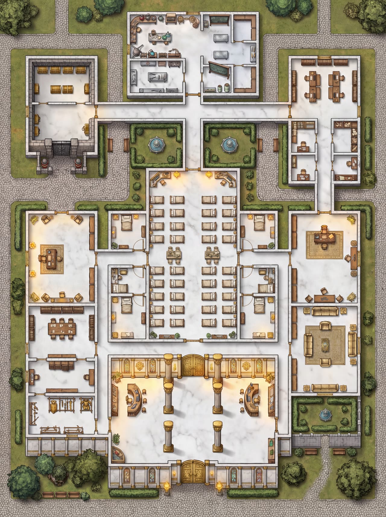 Top-down battlemap of a marble temple complex with symmetrical wings, a central nave, and gilded columns