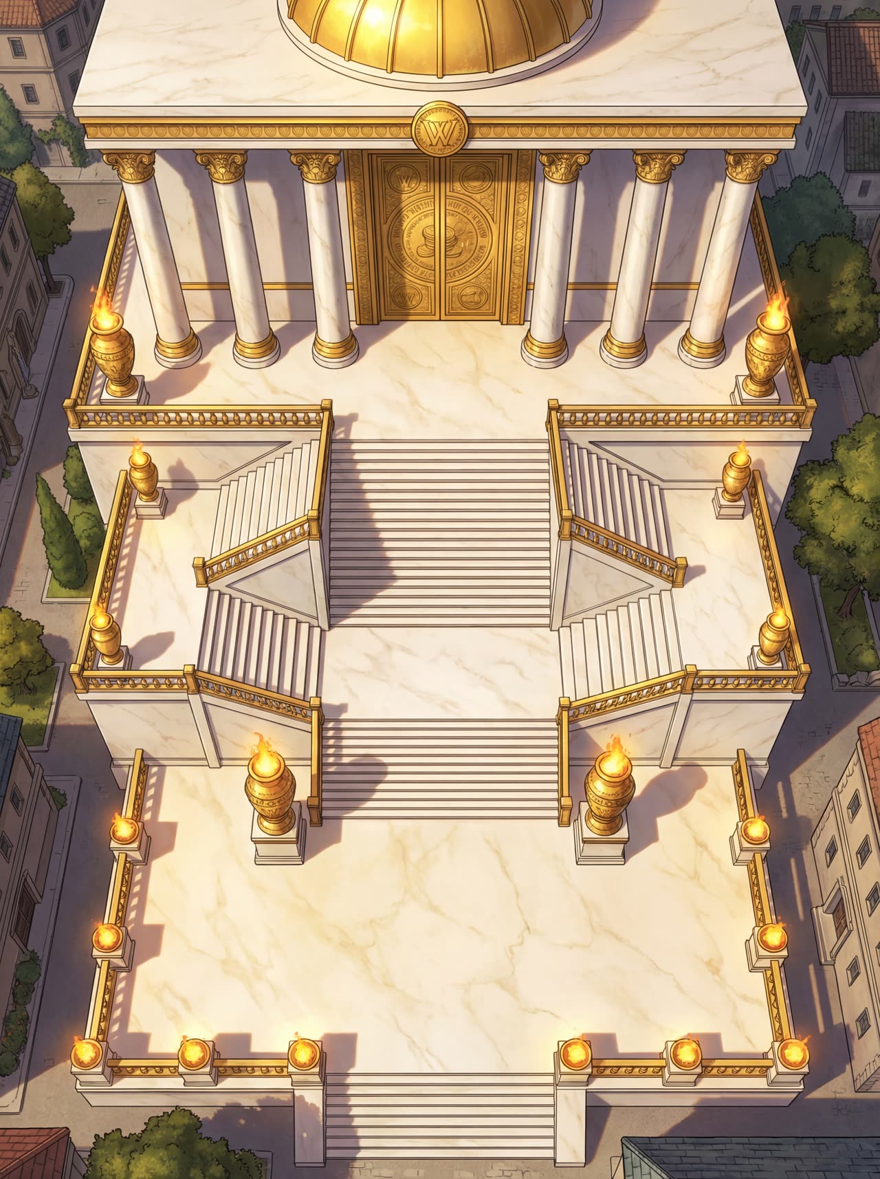 Close-up top-down battlemap of a grand marble staircase and bronze temple doors flanked by gold-crowned columns