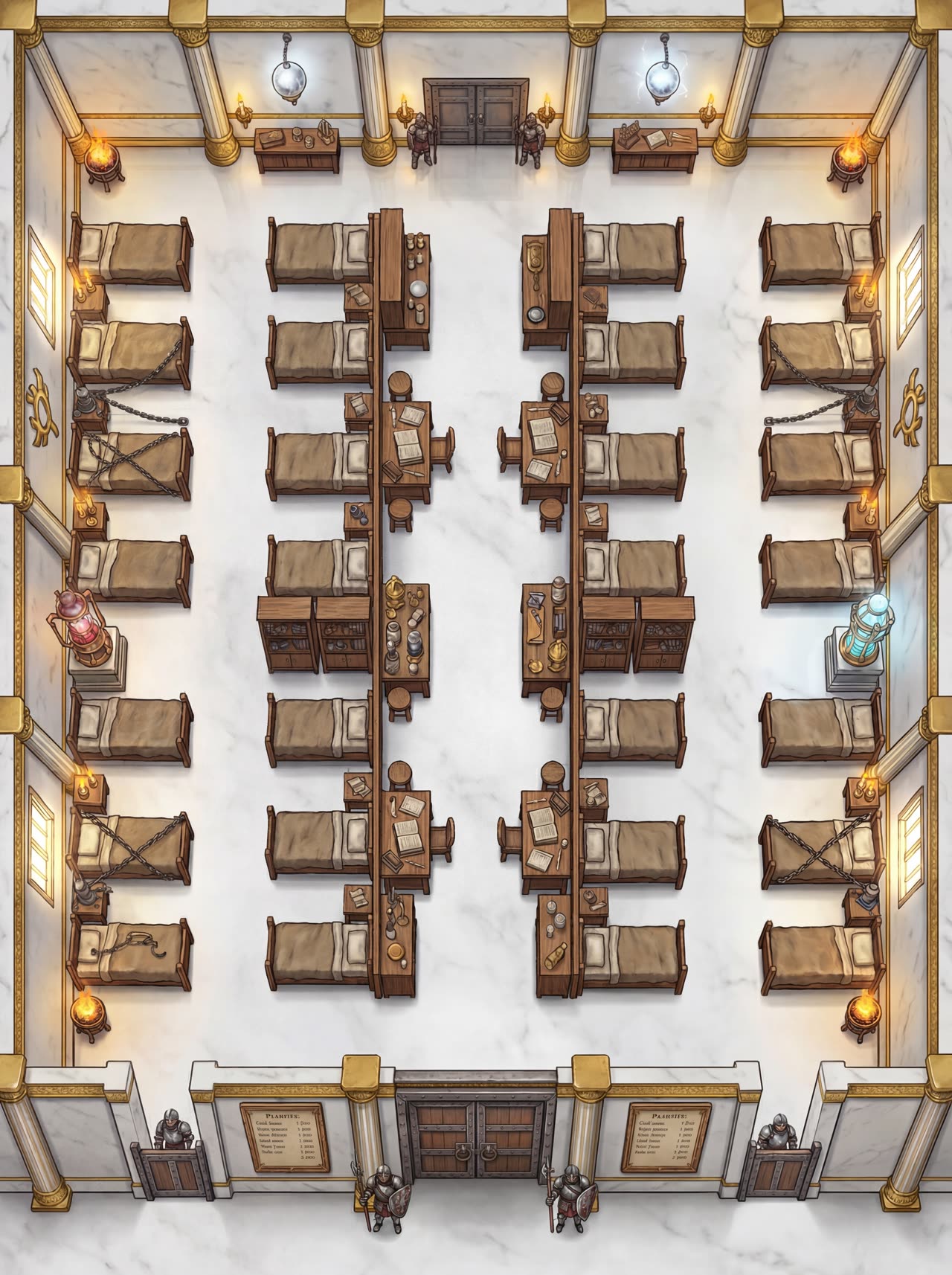 Symmetrical dormitory battlemap with rows of evenly spaced beds and nightstands on a consistent five-foot grid