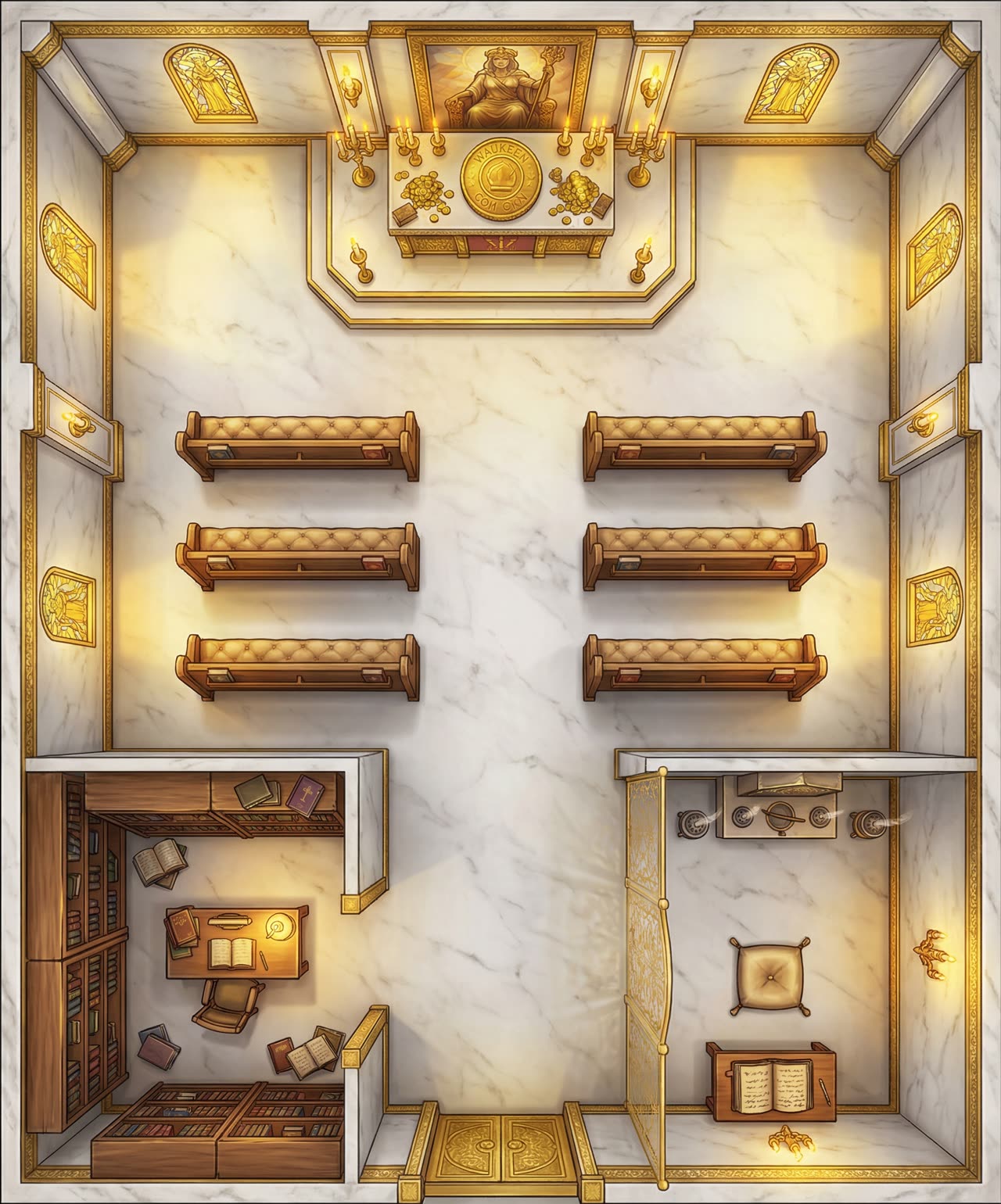 Top-down battlemap of a small gilded chapel with pews facing an altar, flanked by a study and a reliquary room