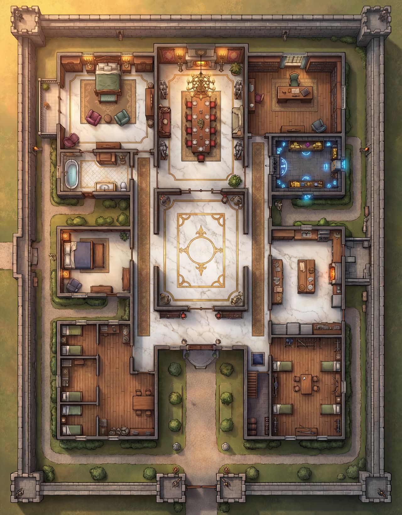 Top-down battlemap of a walled villa with a central marble hall, bedrooms, baths, and a glowing study room