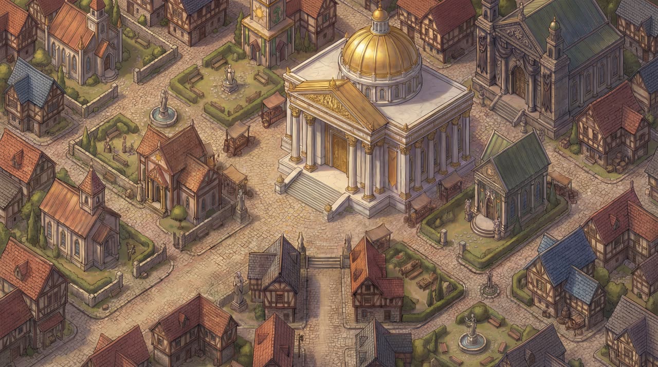 Isometric battlemap of a town square dominated by a golden-domed temple surrounded by smaller shrines and houses