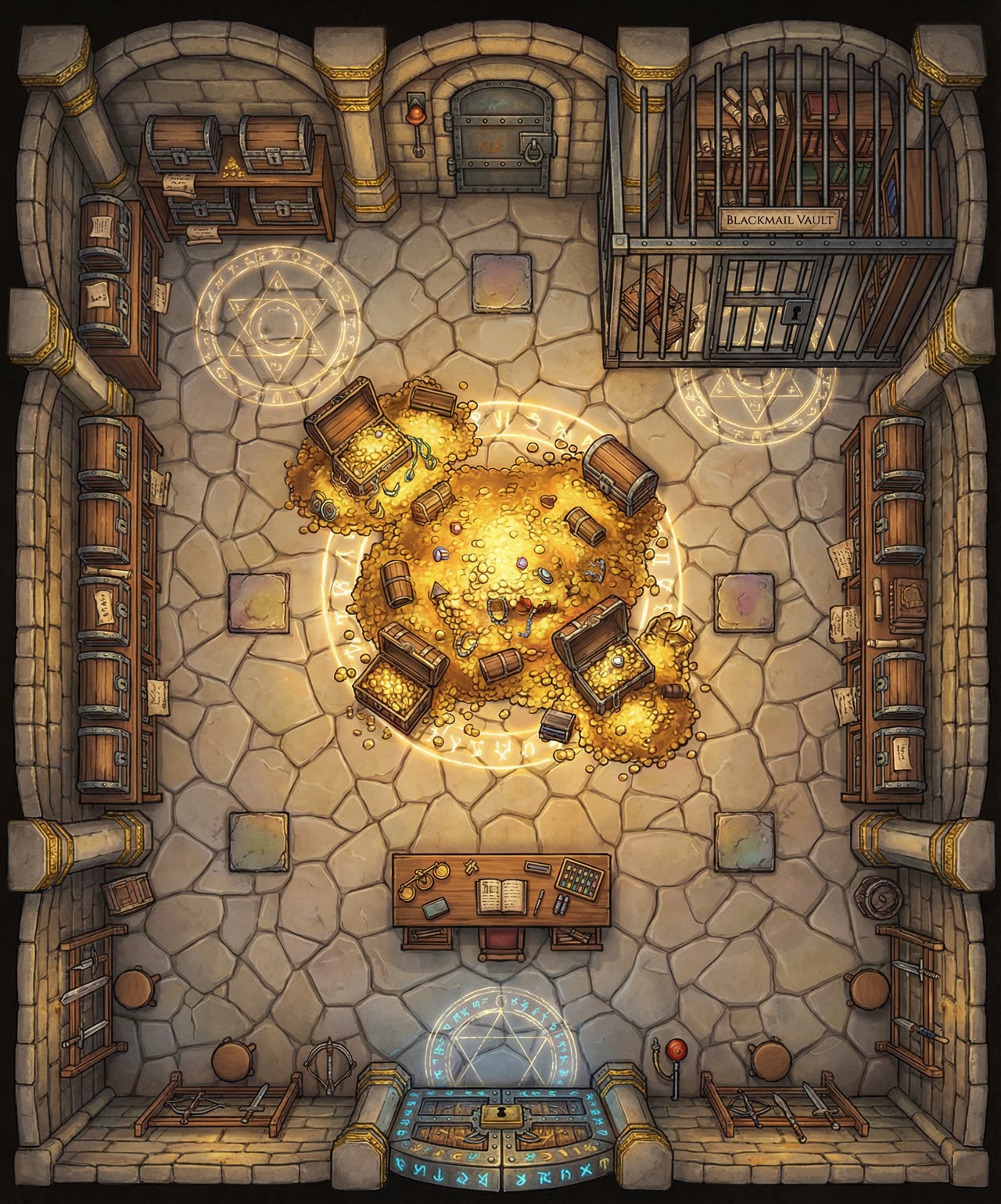 Top-down battlemap of a stone vault room with a mound of treasure at its center and a barred blackmail vault cage