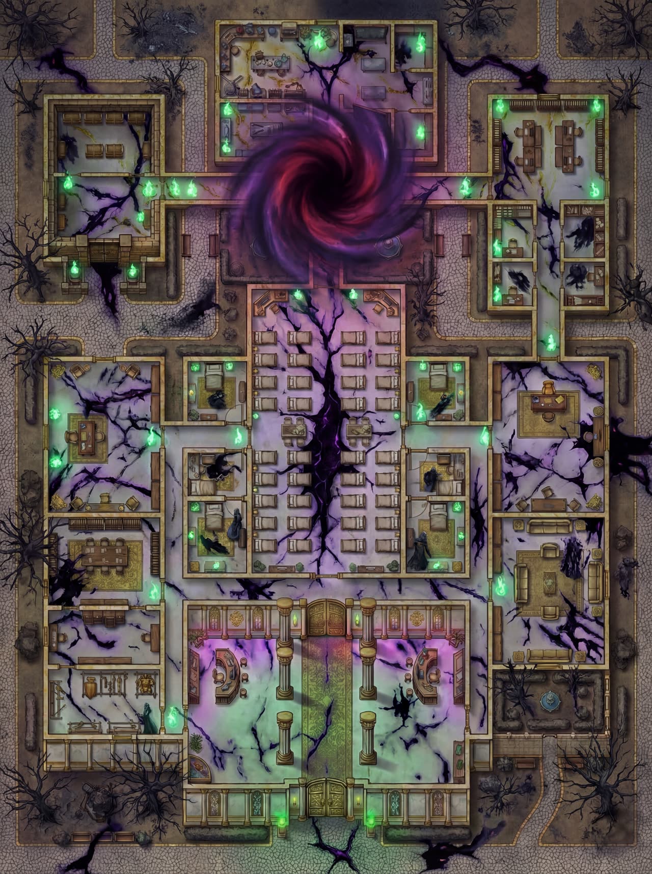 The same temple complex battlemap now scarred by dark cracks and a swirling purple rift over the central nave