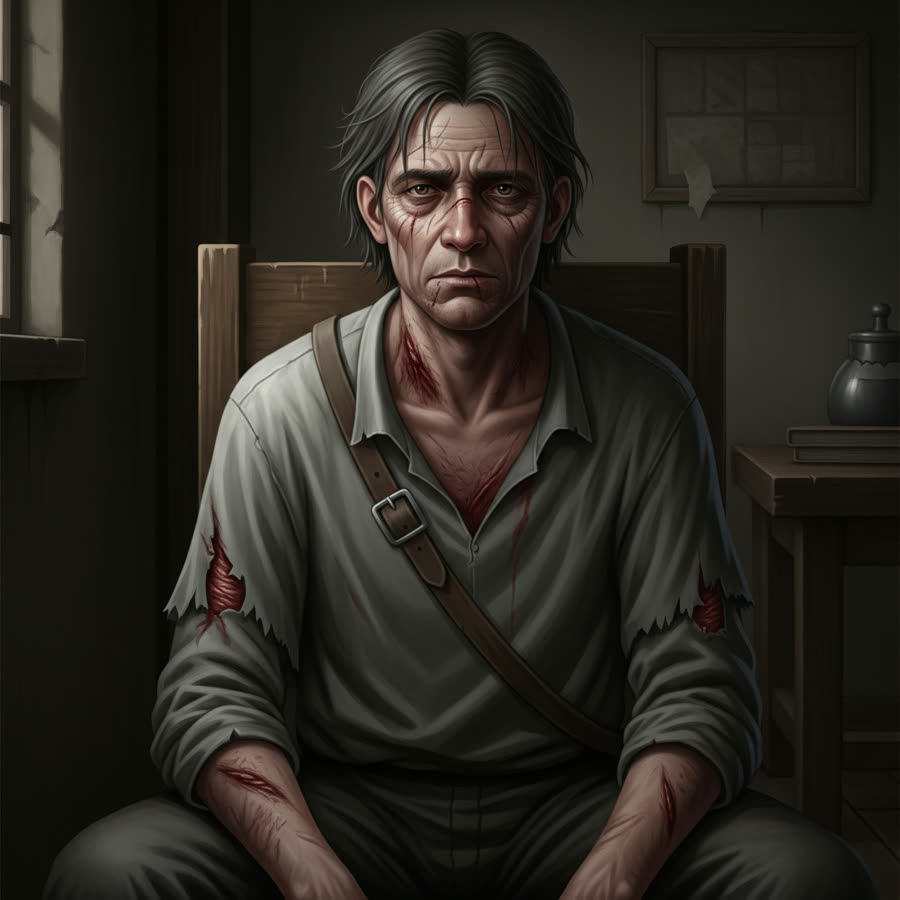 Illustrated handout portrait of a gaunt, bandaged man sitting in a dim room, wounds visible through torn sleeves
