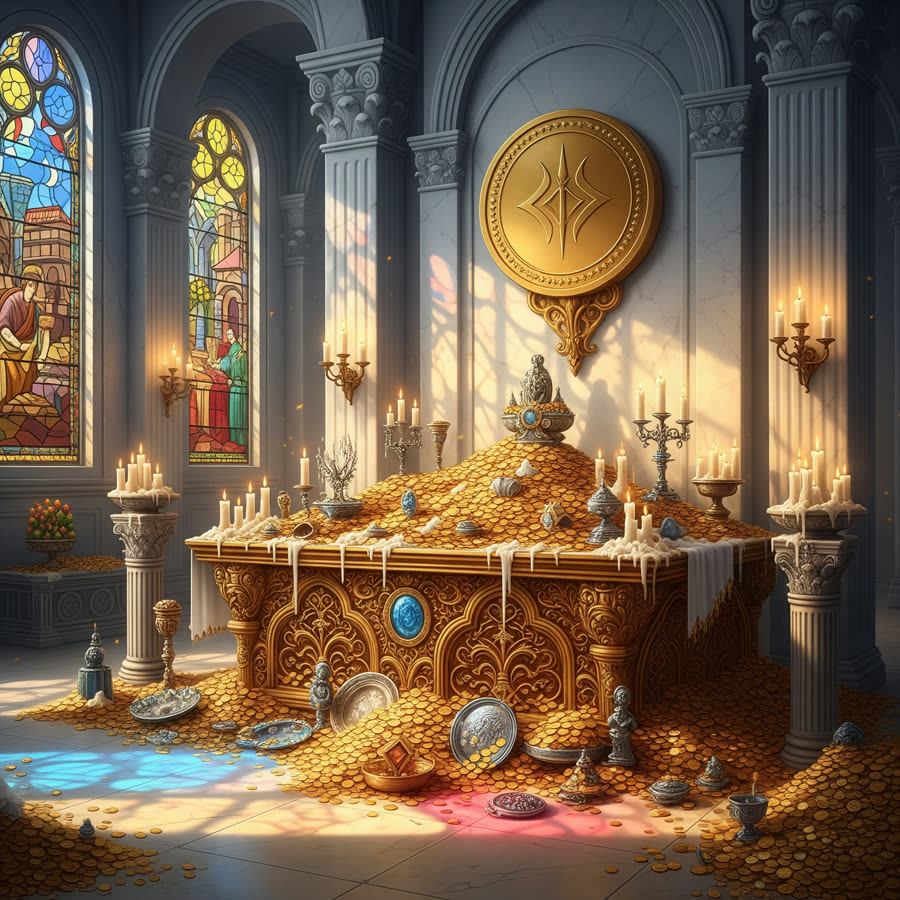 Illustrated handout of a cathedral altar buried under a heaped mound of gold coins beneath stained glass windows