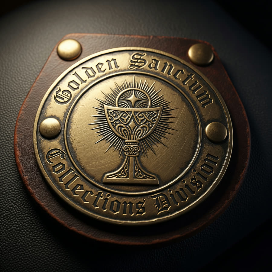 Close-up illustrated handout of a brass badge reading "Golden Sanctum Collections Division" with a radiant chalice emblem