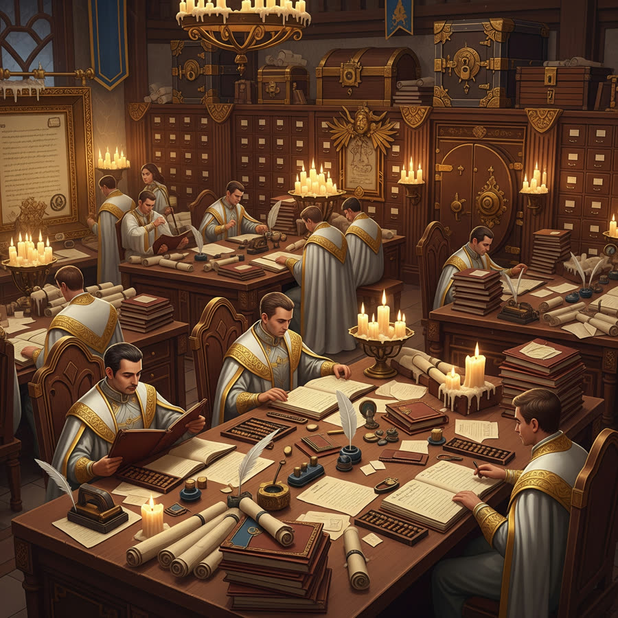 Illustrated handout of robed clerks working at ledgers and abacuses in a candlelit counting house with a vault door