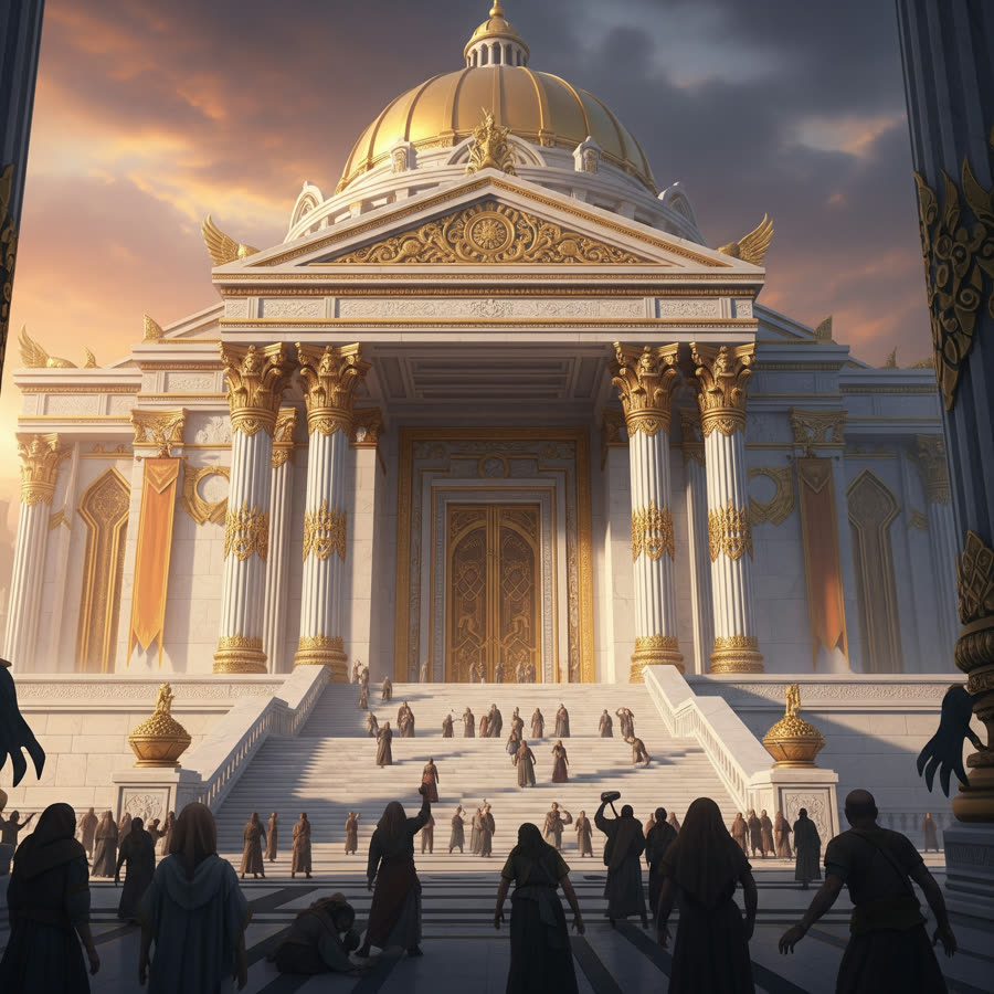 Illustrated handout of a golden-domed temple facade at dusk with a crowd of petitioners climbing its steps
