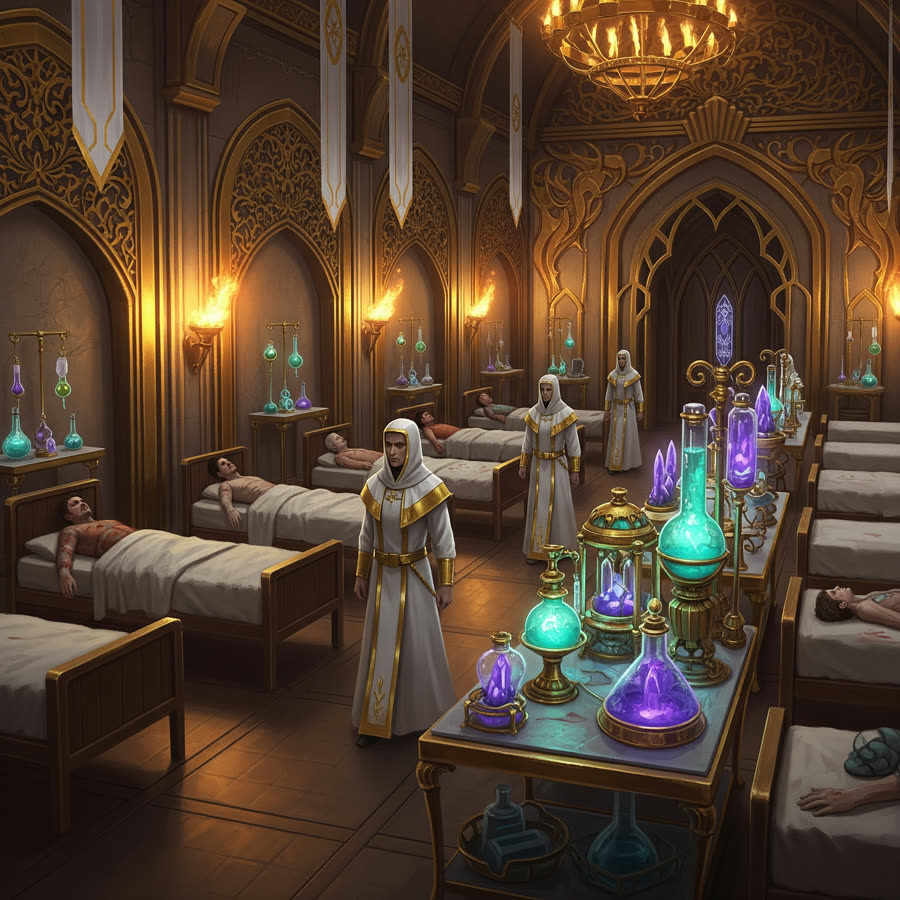 Illustrated handout of white-and-gold robed clerics tending patients in beds inside an ornate golden hall