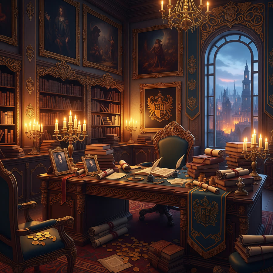 Illustrated handout of an opulent candlelit study with a crest-embossed desk, scattered coins, and a city skyline through the window