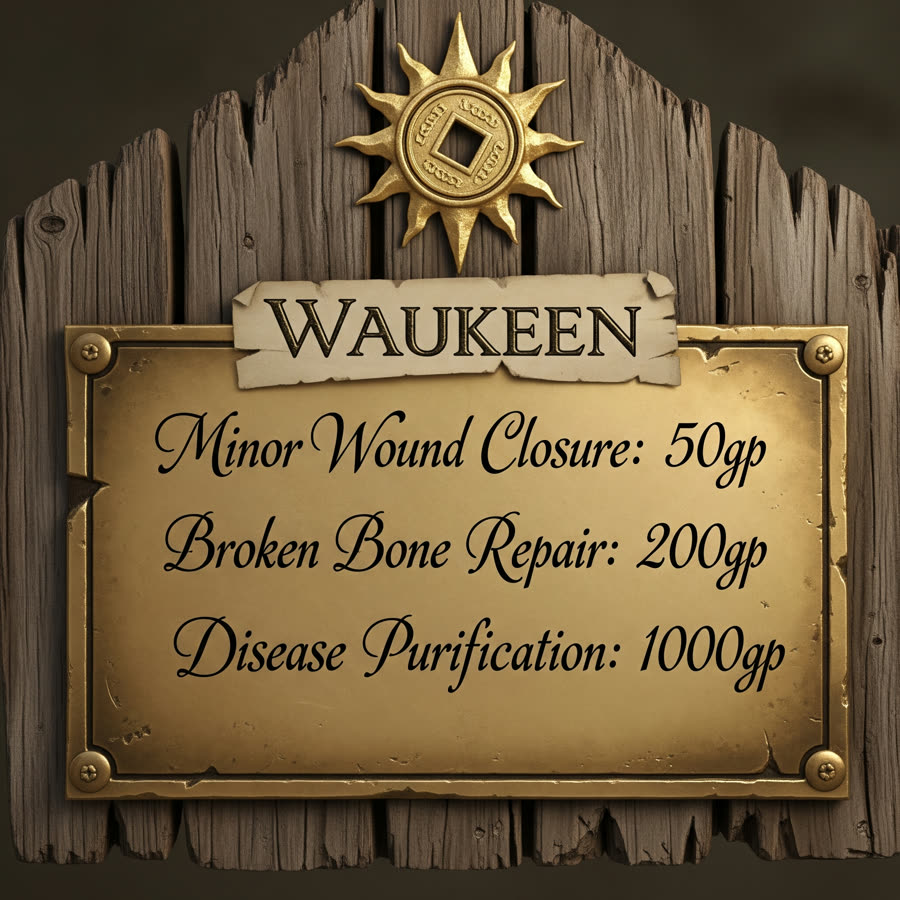 Illustrated handout of a weathered wooden sign listing healing service prices under a golden sunburst emblem