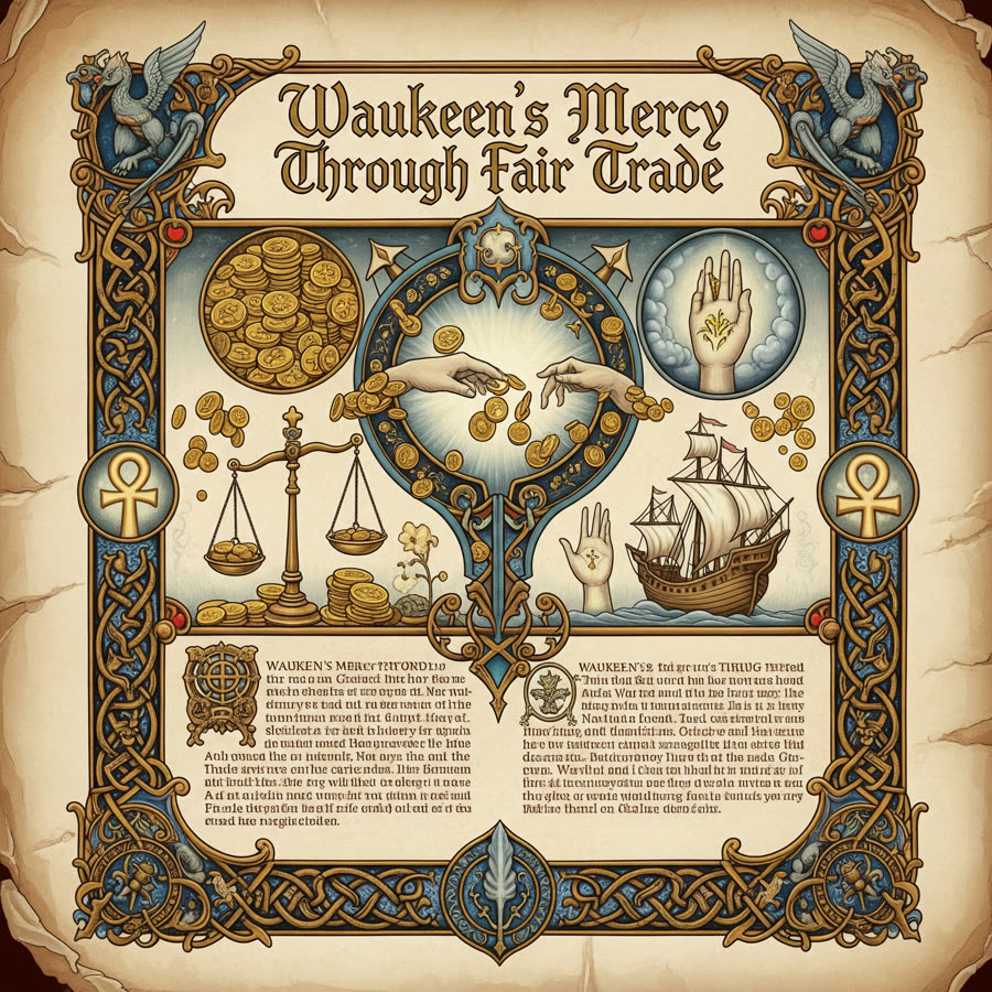 Illustrated handout page with ornate borders depicting scales, coins, and a merchant ship, titled "Waukeen’s Mercy Through Fair Trade"