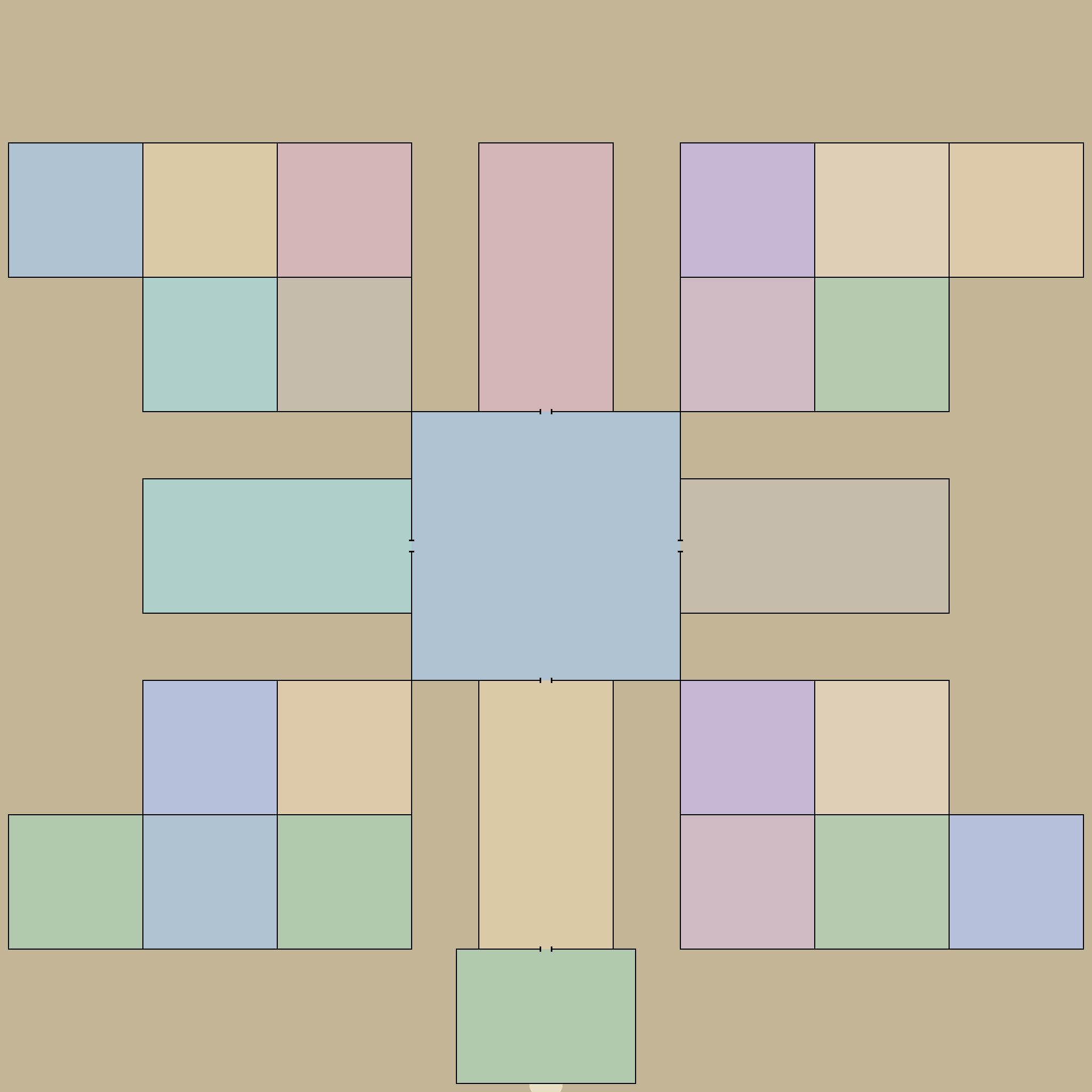 Flat color-coded region diagram of the Grand Menagerie blueprint, each room a locked rectangle on a shared grid