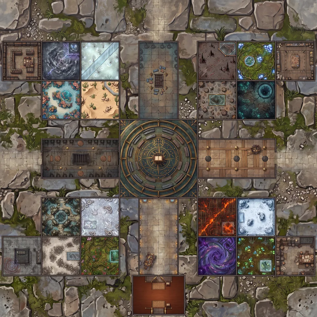 Painted top-down battlemap of the Grand Menagerie, sixteen habitat cells around a central observation rotunda, each with its own floor
