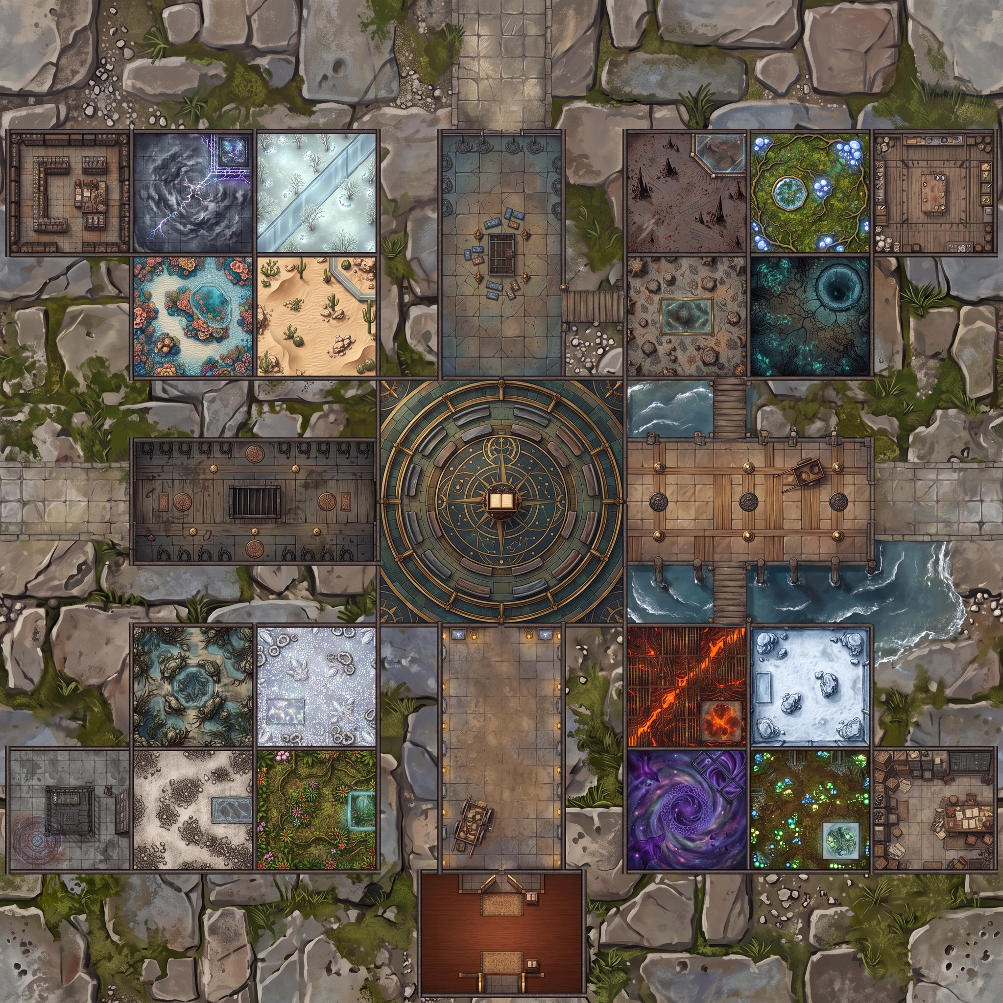 Top-down Grand Menagerie battlemap with corridors and doorways connecting each habitat cell to the central rotunda